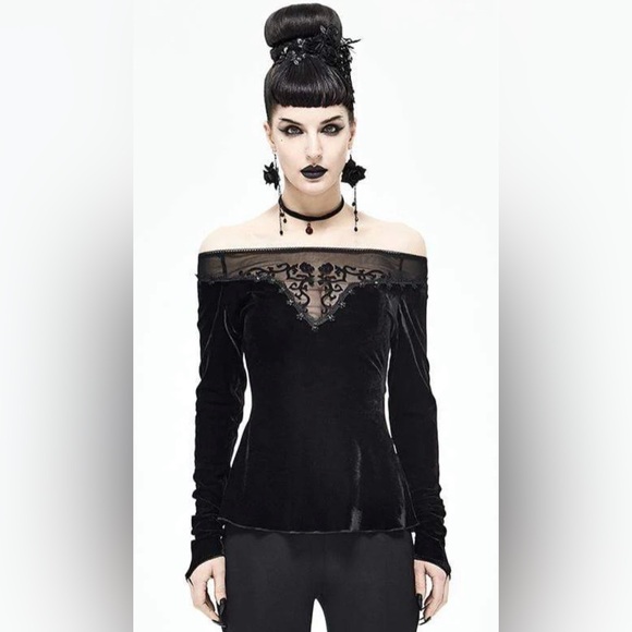 Devil Fashion Gothic Velvet Off Shoulder Top XS S Black Sheer Lace NWT - Picture 2 of 13